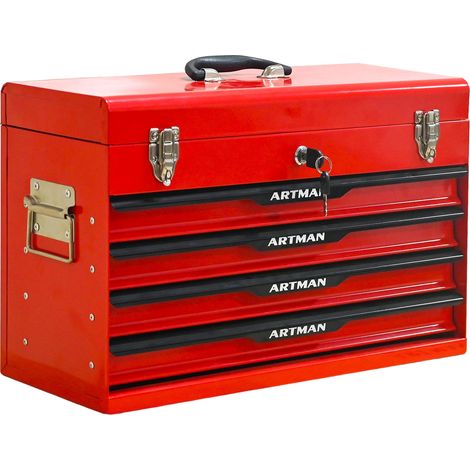 Boîte à outils portable en acier avec serrure, roulettes et compartiments, noir et rouge, 53 x 22 x 34,5 cm (1/5)