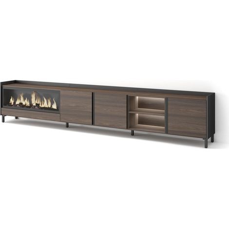 Skraut Home - Meuble TV, Banc Télé, Grand espace de Rangement, 315x35x61cm, Pour les TV jusqu'à 80", Cheminée électrique XXL, Design industriel, LED, Style moderne, Chêne foncé et Noir (1/5)