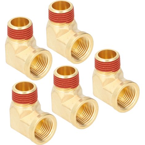 Lot de 5 coudes en laiton massif, filetage NPT 1/2" mâle-femelle, angle de 90°, avec joint en caoutchouc étanche. (1/5)