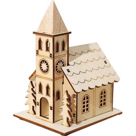 Maison En Bois - Veilleuse De Noël Avec Led - Design Église Et Renne - 9,5 X 7,5 X 14 Cm - 1 Pièce (1/5)