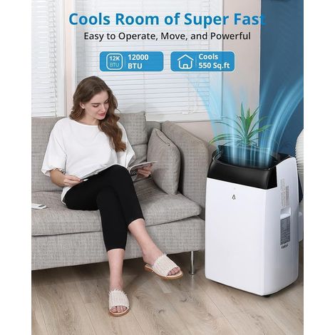 HAUSPROFI Mobile Klimaanlage, 12000 BTU, geeignet für Räume bis 122 m³ (46 m²), 3-in-1-Funktion mit Kühlen, Entfeuchten & Lüften, mit herausnehmbarem antibakteriellem Filter, 24-Stunden-Timer, LED-Dis