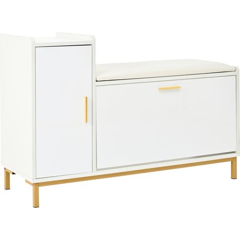 Panca scarpiera con cuscino 100x38x68 cm 2 ripiani 1 anta bianco e oro MODENUIT (1/5)