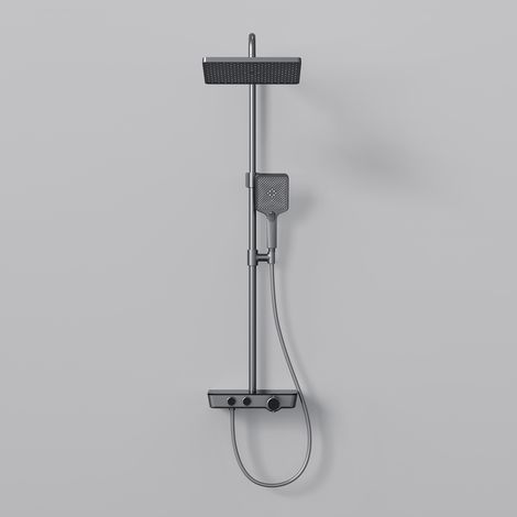 EMKE Duschsystem mit Thermostat, Handbrause mit 3 Strahlstärken, Wasserfall-Auslauf, Duschsäuleset Duschgarnitur mit glasablage, KTW Zertifizieren, Anthrazit Matt (1/5)