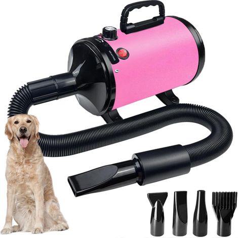 High-speed dog hair dryer with 4 nozzles, 5.2HP / 3800W (Professional Super Cyclone), adjustable temperature dog blow dryer without steps, pink