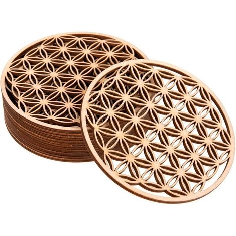 Lot de 10 dessous de verre en bois de bouleau, motif Fleur de Vie, 10x10 cm - Parfaits pour décoration maison et bar (1/4)