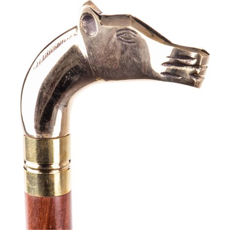 Bastone da passeggio elegante marrone con pomello in ottone a forma di cavallo.