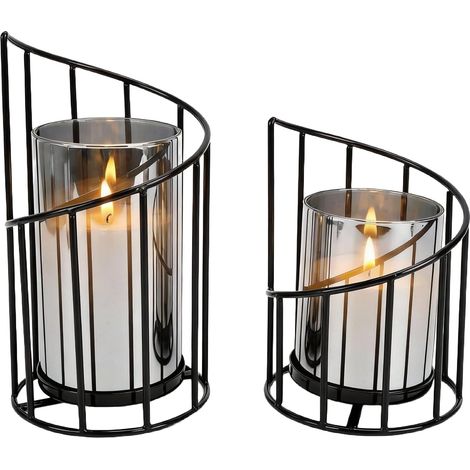 Pack of 2 Black Lanterns, Living Room Decoration, Candle Holder, Black Metal with Glass Bell, Heights 20 cm and 16 cm, Decorative Candle Holder Black for Living Room, Dining Table & Patio (1/5)
