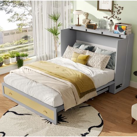 Cama 140x200 cm de MDF gris, cama plataforma transformable con cajón, estante en cabecero, USB y enchufe (1/5)