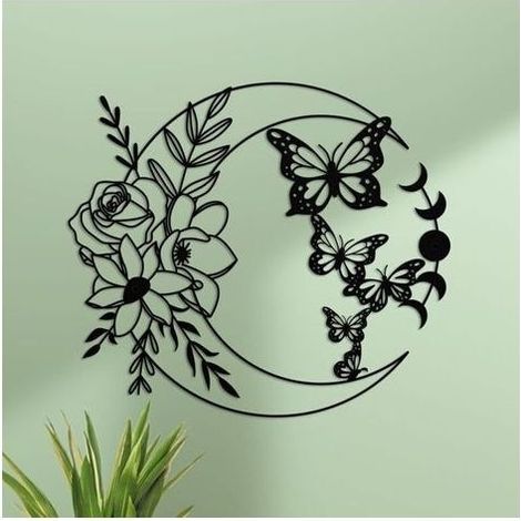 Décoration murale en métal papillon et lune – 32 x 28 cm – Design élégant pour intérieur et extérieur – Résistant à la rouille (1/4)