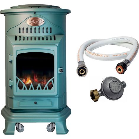 Universal – Poêle à gaz 3,4 kW en fonte véritable – Chauffage d'appoint mobile pour 40-80 m² – Allumage piézo électrique – Tuyau et détendeur inclus (1/5)