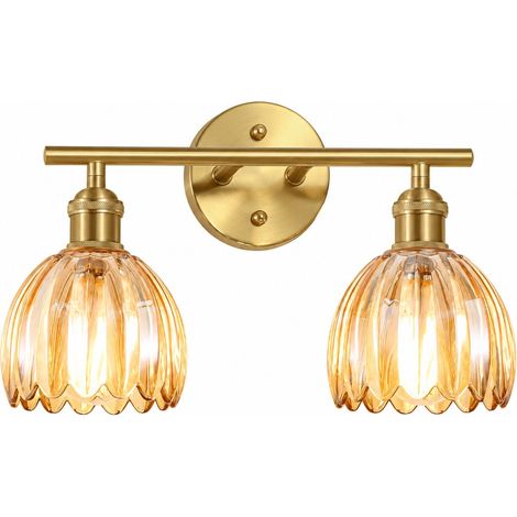 Luminaire miroir - Forme de fleur en verre fait main Plaque arrière dorée à l'or - Salle de bain mur TV chevet - Deux têtes tulipe (1/4)