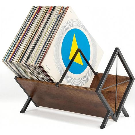 Étagère Vinyles 100 Disques - Métal et Bois - Rangement Stable avec Séparateurs - Salon ou Chambre - 40 cm Noir (1/5)