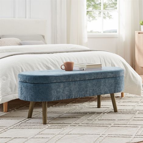 Banc de Rangement Design - 110x40x42 cm - Coffre de 20L en Tissu Chenille avec Pieds en Bois et Châssis en Bois Massif - Bleu (1/5)