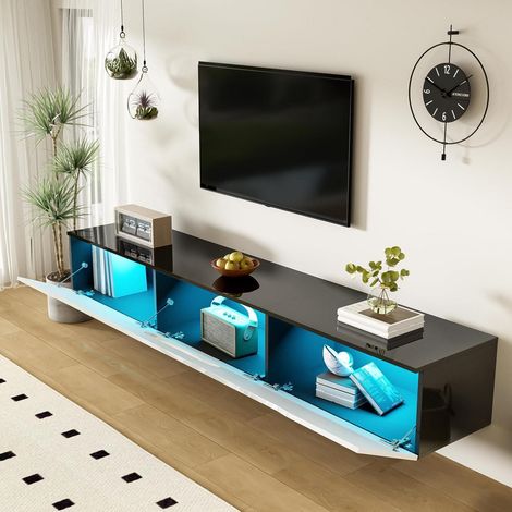 Hängendes TV Lowboard Hochglanz Weiß Schwarz 180cm mit Ambientebeleuchtung (1/5)