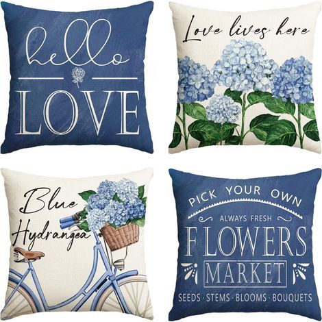 Kissenbezüge „Blaue Hortensien und Fahrrad“ – 45 x 45 cm, Blumenmuster (Sommer/Frühling) – 4er-Set (1/5)