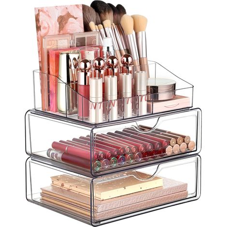 Organizador transparente de 3 niveles + cajón, soporte de belleza para pintalabios, productos para el cuidado de la piel y brochas: práctico para usar sobre la encimera.
