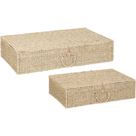 Atmosphera – Lot de 2 boîtes de rangement en paille et acier 80cm – Dimensions L. 80 x l. 50 x H. 19 cm – Avec poignées et fermeture à attaches (1/5)