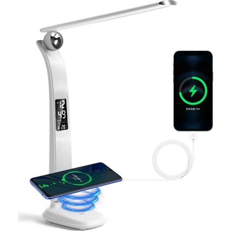 Lampe de bureau LED Dimmable, 3 Modes - 3 Niveaux de luminosité - Affichage LCD -Fonction de Charge sans fil - blanc (1/4)