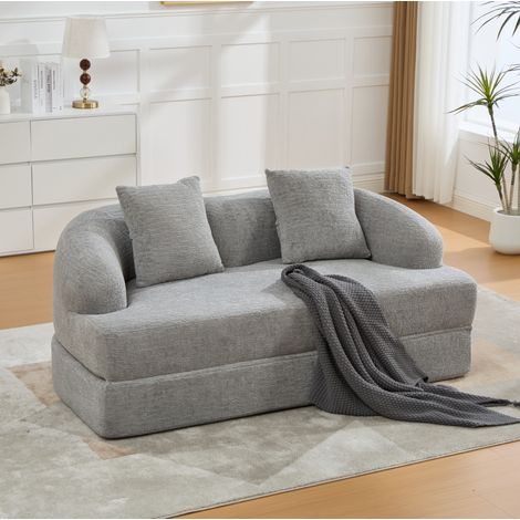 Divano letto 2 posti con 2 cuscini, pieghevole, ciniglia grigio chiaro OKMYHOME (1/5)