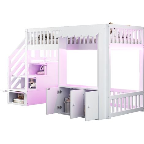 Lit mezzanine bois 90 x 200 cm avec armoire et escalier de rangement, éclairage led multicolore, design avec toit, sommier à lattes inclus, blanc (1/5)