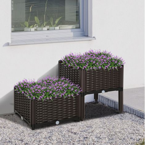 Jardinera elevada 40x40x44 cm marrón en plástico estilo ratán con drenaje (1/5)