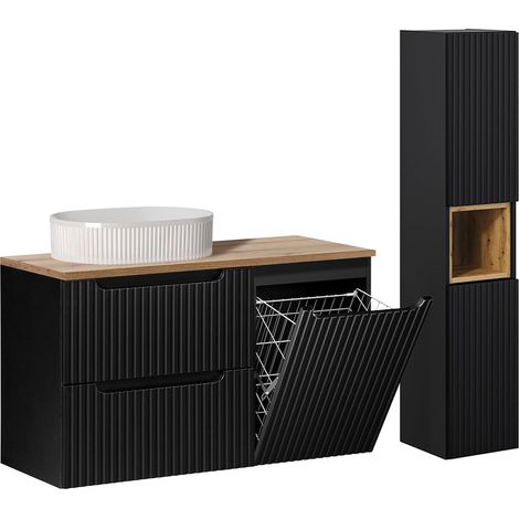 Conjunto mueble simple vasque 100cm cesto para la ropa 2 cajones y columna Riva Negro y Madera (1/5)
