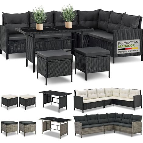 Juskys Polyrattan Lounge Manacor – Gartenlounge mit Sofa, Tisch, 2 Hocker & Kissen – Gartenmöbel Set bis 7 Personen – Schwarz, Sitzbezüge in Grau (1/10)
