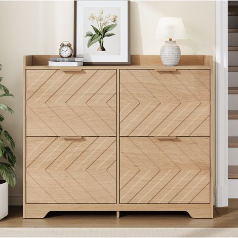 Zapatero (105x24x90 cm), 4 compartimentos abatibles, diseño 3D, con balda superior, MDF, natural (1/5)