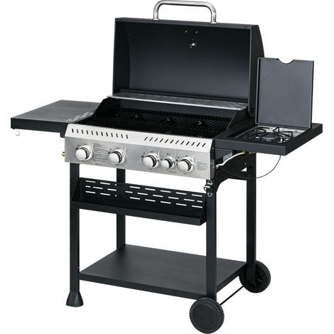 Barbecue gaz 4+1 brûleurs 12,5 kW grille chauffante étagères thermomètre décapsuleur