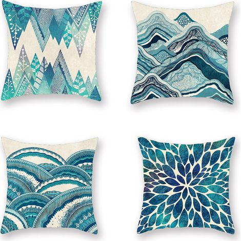 Ahlsen Accesorios de decoración textil para el hogar, funda de almohada con estampado de pintura de tinta, funda de almohada para cintura de cáñamo de imitación, cojín, azul y verde, 4 Uds. (1/5)