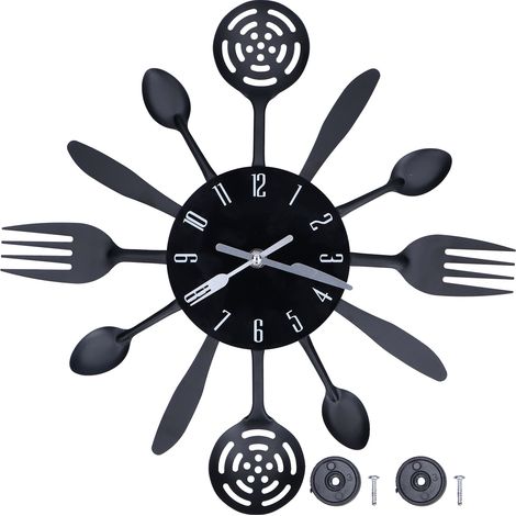 Horloge murale de cuisine noire avec couverts modernes amovibles (cuillère et fourchette), décoration intérieure