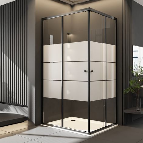 Duschkabine Eckeinstieg 100x100cm Schwarz Schiebetür Duschabtrennung Dusche Gestreift Doppel Schiebetüren Duschwand mit 6mm ESG Sicherheitsglas Duschkabine Eckdusche Höhe 185cm (1/5)