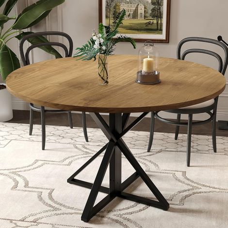 Table ronde 119,38cm marron pied métal massif plateau 4 pièces pour 4 pers, table seule (1/5)