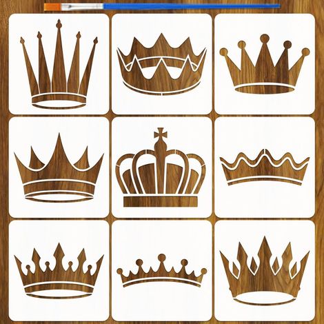 9 Pièces Pochoirs Couronne avec un Pinceau 15x15cm 9 Styles Pochoirs Peinture Couronne Cartoon Pochoir Couronnes Roi Gabarit Thèmes Fantastiques PET pour Bois Sol Carrelage Mur Tissu DIY (1/5)