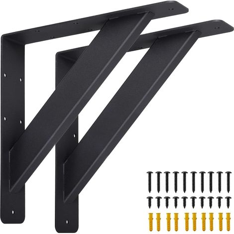 Lot de 2 supports d'étagère robustes, support de comptoir à 90 degrés, support mural en métal, support d'angle triangulaire pour montage mural, 254 x 254 mm, noir (1/5)