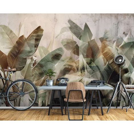 Fototapete Blätter Beton Dschungel, für Wohnzimmer und Schlafzimmer, 300 x 210 cm – Komplettset inkl. Kleister & Anleitung (1/5)
