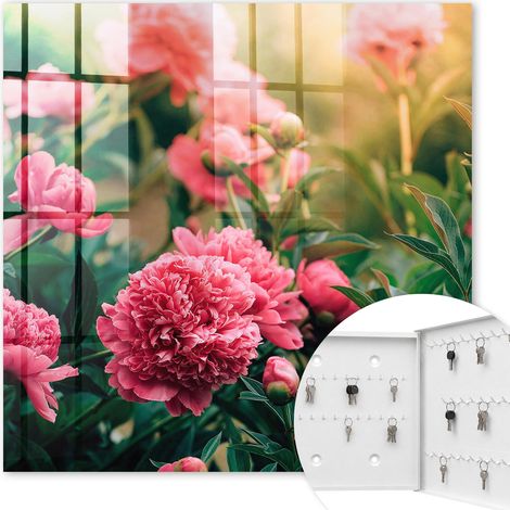 Armoire à clés - (30 cm x 30 cm) - Boîte à clés murale - Coffret de rangement pour clés - Couleur blanche - Ouverture vers la droite - Pour maison et bureau - pivoines roses (1/5)