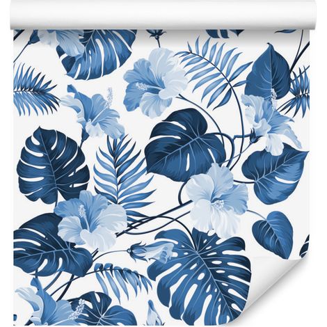 Papel pintado azul con hojas y flores tropicales para salón y dormitorio, 50x1000 mm. (1/5)