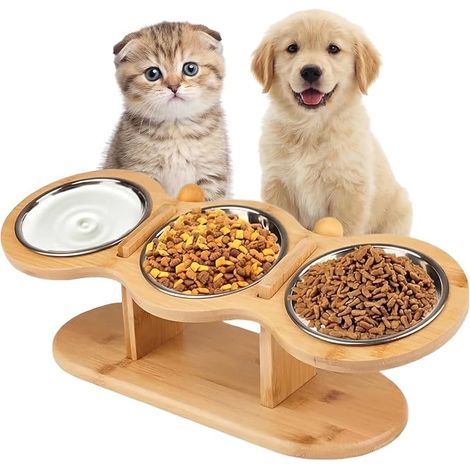 Raised Cat Bowl with 3 Stainless Steel Bowls Adjustable Height Stand for Water and Food, Small Dogs Cats, (1/5)