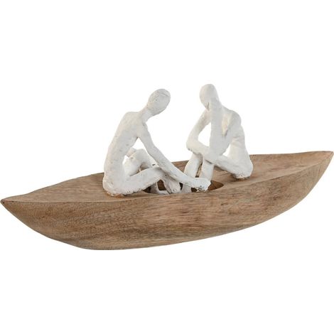 Statue décorative barque blanche en résine et bois style méditerranéen - Blanc et bois naturel (1/3)