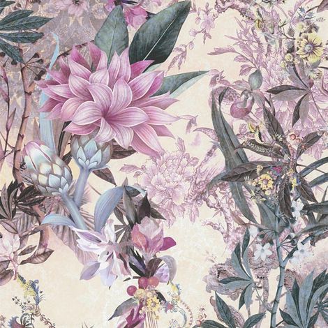 Papier peint floral rose et violet Tapisserie tendance à fleurs style botanique Papier peint fleuri sur fond crème idéal pour chambre (1/4)