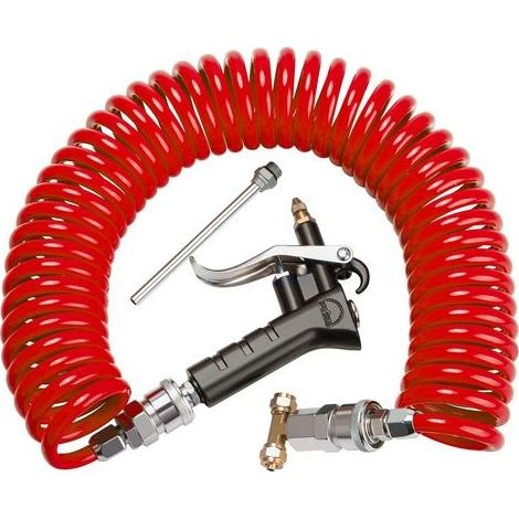 Soufflette de nettoyage robuste pour poids lourds, avec tuyau spiralé de 6 mètres et 2 embouts interchangeables — Kit soufflette pour siège pneumatique (Rouge) (1/3)