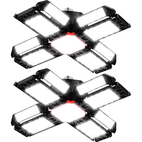Lampe d'atelier LED 200W 2 pièces - 20000 lumens 6500K éclairage de garage plafonnier flexible, 12 panneaux orientables, douille E26/E27, idéal cave, magasin, hangar, grange, entrepôt. (1/5)
