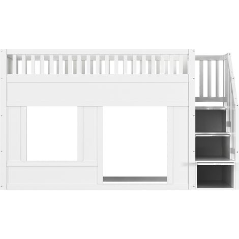 Cama alta infantil 90 x 200 cm con escalera almacenaje, blanca, sin colchón, MODENUIT (1/5)
