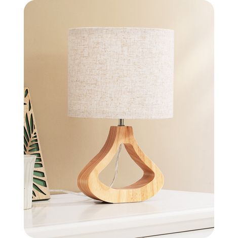 EDISHINE Lámpara de Mesilla con Pantalla de Lino y Base de Madera Maciza de Tono Roble Claro, E27 4W Bombilla LED Incluida, 2700K Blanco Cálido, 34 cm de Altura, Ø21 cm, Lámpara de Mesa Moderna para
