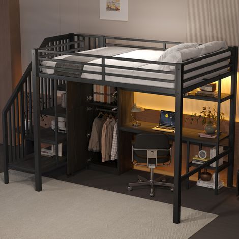 Letto rialzato adulti 140x200 cm con scrivania, ripiano portaoggetti aperto, armadio e scala portaoggetti, in metallo, senza materasso, nero (1/5)