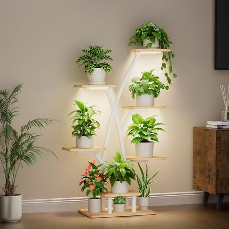 Support pour plantes avec lumière de croissance - 7 niveaux - 105 cm - En métal et bois - Étagère décorative pour l'intérieur et l'extérieur - Pour l'intérieur et le jardin - Blanc (1/5)