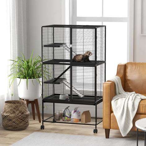 Jaula para Animales Pequeños de 4 Niveles con Ruedas Rampa Comedero Bebedero y Bandeja Extraíble 78x45,5x136 cm Negro (1/5)