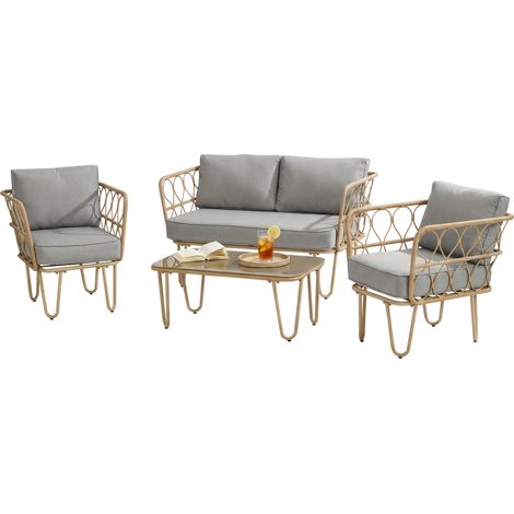Ensemble salon de jardin canapé 2 places + 2 fauteuils + 1 table basse plateau verre trempé 7 coussins gris (1/5)