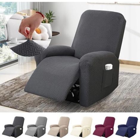 Housse de fauteuil 1 place, housse extensible avec poches, protection intégrale en jacquard rayé pour fauteuils TV et relax (gris foncé, ensemble de 4 pièces)